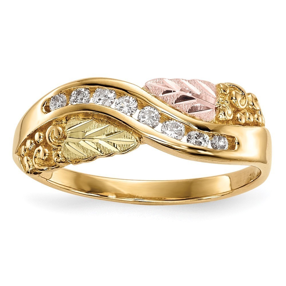 10k Tri-Color Black Hills Gold Leaves and Scrolls w Diamond Ring, Size 7